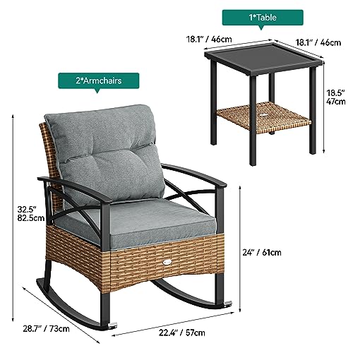 YITAHOME 3-Piece Outdoor Rocking Chair Bistro Set, Patio Wicker Rocking Chair Conversation Set with Glass Coffee Table & Soft Cushions for Balcony, Lawn and Porch Poolside (Light Brown+Gray)
