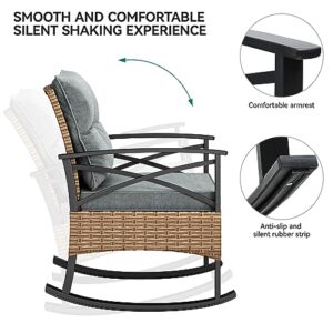 YITAHOME 3-Piece Outdoor Rocking Chair Bistro Set, Patio Wicker Rocking Chair Conversation Set with Glass Coffee Table & Soft Cushions for Balcony, Lawn and Porch Poolside (Light Brown+Gray)