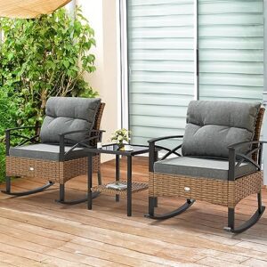YITAHOME 3-Piece Outdoor Rocking Chair Bistro Set, Patio Wicker Rocking Chair Conversation Set with Glass Coffee Table & Soft Cushions for Balcony, Lawn and Porch Poolside (Light Brown+Gray)
