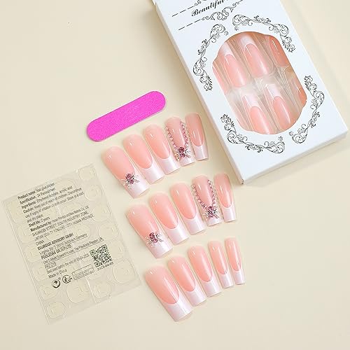 Halloween French Tip Press on Nails Long Metal Spider Glue on Fake Nails Long Square Acrylic Nails Glossy Pink White False Nail Tips Full Cover Finger Decorations Artificial Nails for Women 24Pcs