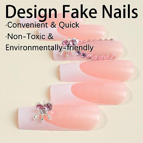 Halloween French Tip Press on Nails Long Metal Spider Glue on Fake Nails Long Square Acrylic Nails Glossy Pink White False Nail Tips Full Cover Finger Decorations Artificial Nails for Women 24Pcs