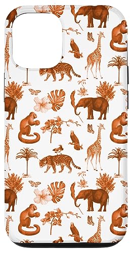 iPhone 14 Pro Orange Jungle Toile Pattern, Leopard, Monkey, Palm Trees Case