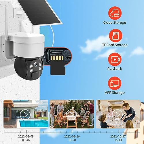 Solar Security Camera Wireless Outdoor Powered, 4G PTZ Battery Surveillance Camera for Home Security, 2 Way Audio, Color Night Vision, Motion Detection & Phone Alerts, Cloud Storage & SD Card Slot