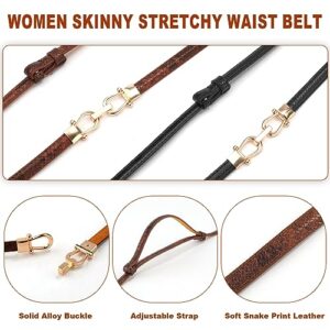 2pcs Skinny Waist Belt for Women, Adjustable Thin Waist Belts Stylish Leather Belt with Gold Buckle Skinny Leather Belt Women Skinny Belt for Shirts Dress (Black, Brown)