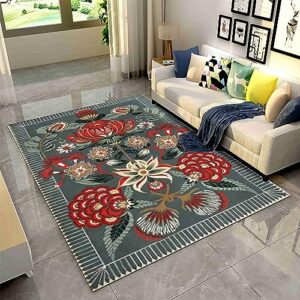 country style area rugs, 5x7ft, modern farmhouse red flowers and green leaves traditional art rug non-slip low-pile dining room mat indoor accent carpet for office home