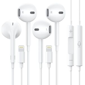 wasabi mango 2 pack-earbuds headphones with lightning connector [mfi certified] built-in microphone & volume control, noise isolating wired earphones for 14/13/12/11/xr/xs/x/8/7 support all ios