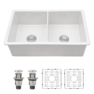 dcolora 32 inch white fireclay kitchen sink porcelain double bowl 50/50 split undermount sinks dual mount ceramic sink under counter dc-u7737