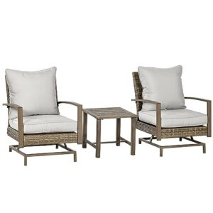 outsunny 3-piece pe rattan patio furniture set with rocking chairs and bistro coffee table, outdoor wicker rocker conversation set with cushions for balcony, porch, poolside, yard, garden - gray