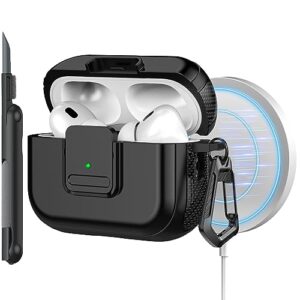 r-fun for airpods pro 2/1 case with secure lock, magnetic protetive hard case cover with cleaning kit, keychain and lanyard for airpods pro 2022/2019-black
