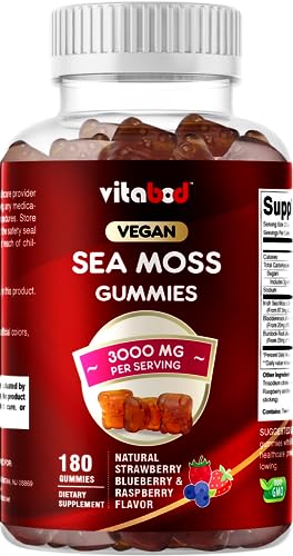 Vitabod Irish Sea Moss Gummies - 3000 mg - 180 Vegan Gummies - Made with Bladderwrack & Burdock Root - Seamoss Supplement for Thyroid, Energy, Immune Support