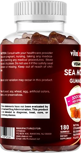 Vitabod Irish Sea Moss Gummies - 3000 mg - 180 Vegan Gummies - Made with Bladderwrack & Burdock Root - Seamoss Supplement for Thyroid, Energy, Immune Support