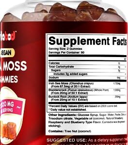 Vitabod Irish Sea Moss Gummies - 3000 mg - 180 Vegan Gummies - Made with Bladderwrack & Burdock Root - Seamoss Supplement for Thyroid, Energy, Immune Support