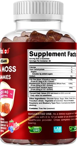 Vitabod Irish Sea Moss Gummies - 3000 mg - 180 Vegan Gummies - Made with Bladderwrack & Burdock Root - Seamoss Supplement for Thyroid, Energy, Immune Support