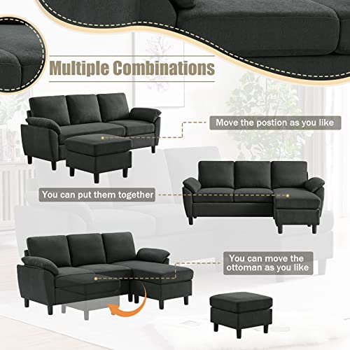 Tornama 79" Convertible Sectional Sofa, Modern Linen Fabric L Shaped Couch, 3 Seater Couches with Reversible Chaise for Living Room, Apartment and Small Spaces(Black)