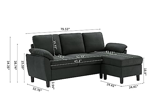 Tornama 79" Convertible Sectional Sofa, Modern Linen Fabric L Shaped Couch, 3 Seater Couches with Reversible Chaise for Living Room, Apartment and Small Spaces(Black)