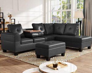 awqm upholstered sectional sofa w/chaise lounge, modern l shaped sofa couch with storage ottoman bench, pu leather sectional couches with cup holder for living room small space