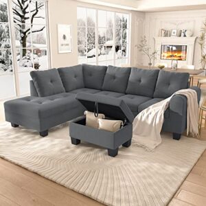 AWQM Upholstered Sectional Sofa for Home, Apartment, Dorm, Bonus Room, Compact Spaces w/Chaise Lounge, 5-Seat, L-Shape Design, Reversible Ottoman Bench, Living Room Funiture