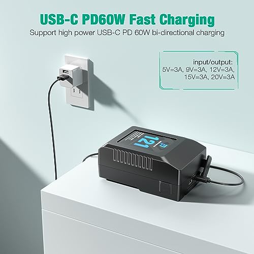 FirstPower V Mount/V-Lock Battery, 121Wh(8400mAh, 14.4V) V-Mount Battery Support PD 60W USB-C Fast Charger, with D-TAP, USB-A, USB-C Port, for Video Broadcast Camera Camcorder Monitor LED Light