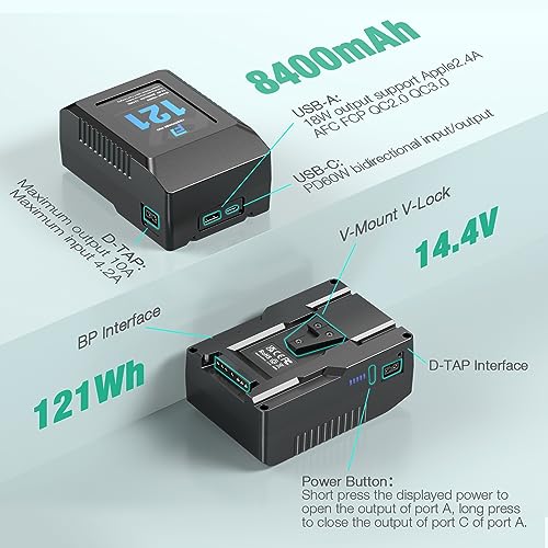 FirstPower V Mount/V-Lock Battery, 121Wh(8400mAh, 14.4V) V-Mount Battery Support PD 60W USB-C Fast Charger, with D-TAP, USB-A, USB-C Port, for Video Broadcast Camera Camcorder Monitor LED Light