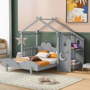 aiuyesuo twin size platform bed with windmill roof and flower decor headboard, solid wood platform bed frame with desk and 2 handles, fairytale-like house bed for kids teens adults (gray-tt78)