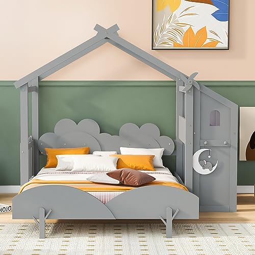 Aiuyesuo Twin Size Platform Bed with Windmill Roof and Flower Decor Headboard, Solid Wood Platform Bed Frame with Desk and 2 Handles, Fairytale-Like House Bed for Kids Teens Adults (Gray-TT78)
