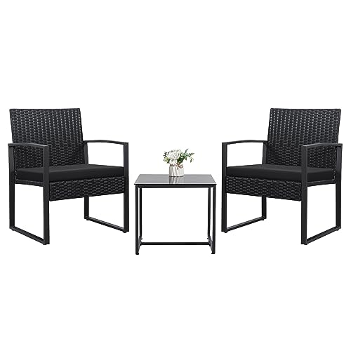 Devoko 3 Piece Patio Outdoor Furniture Set Wicker Table and Chairs Set for Balcony Porch Bistro, Black