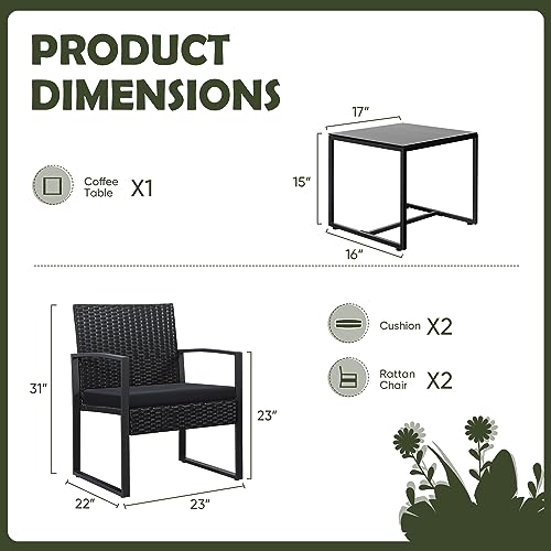 Devoko 3 Piece Patio Outdoor Furniture Set Wicker Table and Chairs Set for Balcony Porch Bistro, Black