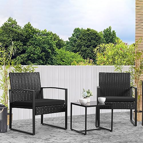 Devoko 3 Piece Patio Outdoor Furniture Set Wicker Table and Chairs Set for Balcony Porch Bistro, Black