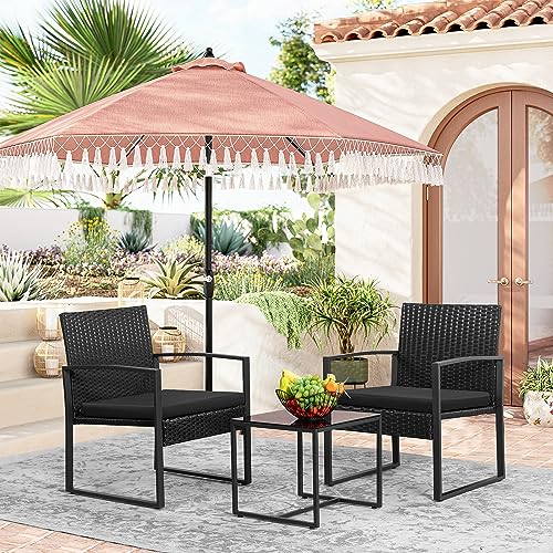 Devoko 3 Piece Patio Outdoor Furniture Set Wicker Table and Chairs Set for Balcony Porch Bistro, Black