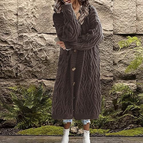 Mensch Women's Long Cardigan Sweaters Hooded Open Front Cable Knit Chunky Sweater Coats Waffle Outwear with Pockets