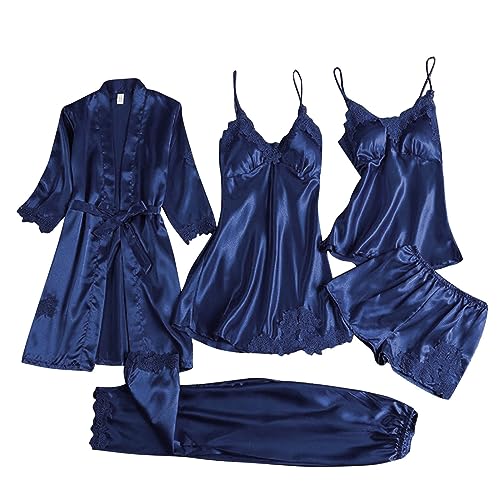 Mensch Pjs Nightwear Lace 5Pcs Pajama Womens Silky Set Sleepwear Sexy Set Pajama with 4 Piece Lingerie Set for Women