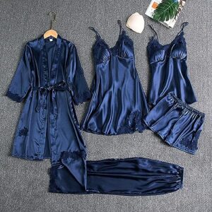 Mensch Pjs Nightwear Lace 5Pcs Pajama Womens Silky Set Sleepwear Sexy Set Pajama with 4 Piece Lingerie Set for Women