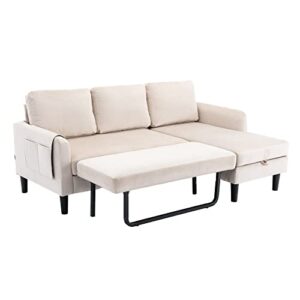 eafurn 3 seater sectional chaise lounge, l shaped convertible pull out bed and storage, comfy velvet upholstery corner sofa & couches for living room office, 72.44"d x 50"w x 31.5"h, beige soft 72.44"