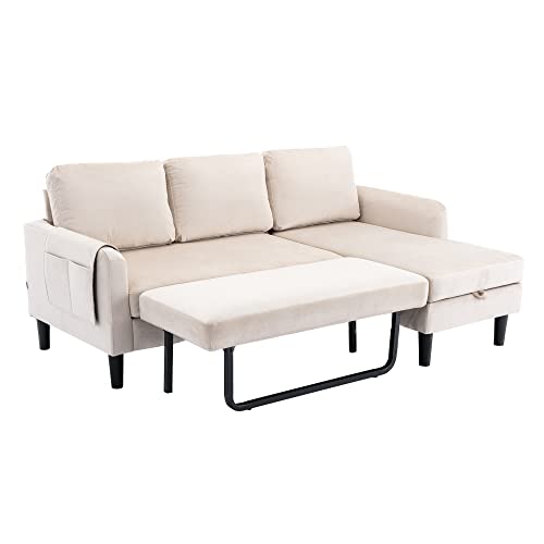 Eafurn 3 Seater Sectional Chaise Lounge, L Shaped Convertible Pull Out Bed and Storage, Comfy Velvet Upholstery Corner Sofa & Couches for Living Room Office, 72.44"D x 50"W x 31.5"H, Beige Soft 72.44"