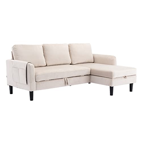 Eafurn 3 Seater Sectional Chaise Lounge, L Shaped Convertible Pull Out Bed and Storage, Comfy Velvet Upholstery Corner Sofa & Couches for Living Room Office, 72.44"D x 50"W x 31.5"H, Beige Soft 72.44"
