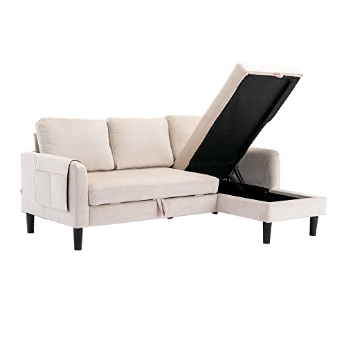 Eafurn 3 Seater Sectional Chaise Lounge, L Shaped Convertible Pull Out Bed and Storage, Comfy Velvet Upholstery Corner Sofa & Couches for Living Room Office, 72.44"D x 50"W x 31.5"H, Beige Soft 72.44"