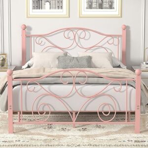 vecelo queen size bed frame with headboard and footboard, heavy duty metal slat support, platform mattress foundation, no box spring needed, easy assembly, pink