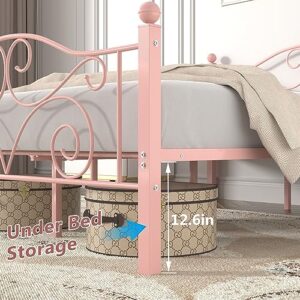 VECELO Queen Size Bed Frame with Headboard and Footboard, Heavy Duty Metal Slat Support, Platform Mattress Foundation, No Box Spring Needed, Easy Assembly, Pink