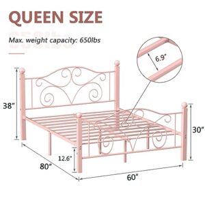 VECELO Queen Size Bed Frame with Headboard and Footboard, Heavy Duty Metal Slat Support, Platform Mattress Foundation, No Box Spring Needed, Easy Assembly, Pink