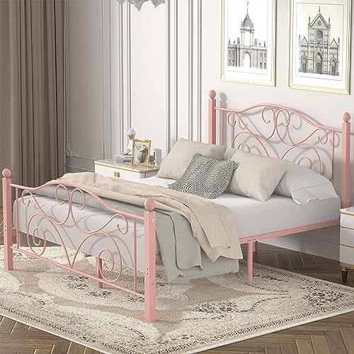 VECELO Queen Size Bed Frame with Headboard and Footboard, Heavy Duty Metal Slat Support, Platform Mattress Foundation, No Box Spring Needed, Easy Assembly, Pink