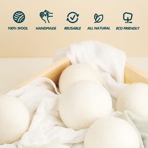 EUHOMY Wool Dryer Balls 6-Pack XL Size,100% New Zealand Wool Balls Reusable,Handmade Dryer Balls Laundry,Accelerated Drying Time,Reduce Wrinkles,Baby Safe&Chemical Free (White)