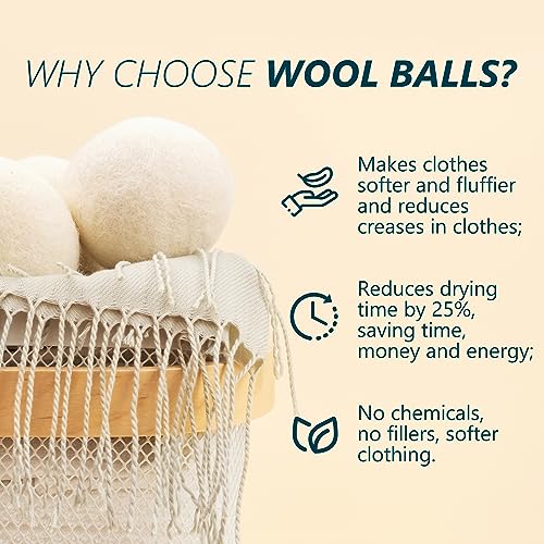 EUHOMY Wool Dryer Balls 6-Pack XL Size,100% New Zealand Wool Balls Reusable,Handmade Dryer Balls Laundry,Accelerated Drying Time,Reduce Wrinkles,Baby Safe&Chemical Free (White)