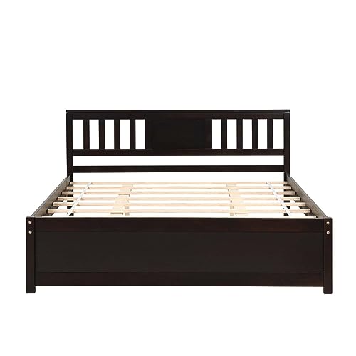 Queen Size Wooden Platform Bed Frame with Headboard, Platform Bed Frame with Sturdy Wood Slats Support, No Box Spring Needed, Easy Assemble for Bedroom Small Living Space Boys Girls (Espresso)