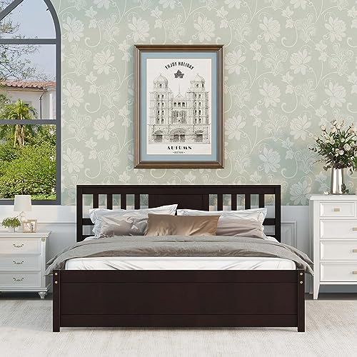 Queen Size Wooden Platform Bed Frame with Headboard, Platform Bed Frame with Sturdy Wood Slats Support, No Box Spring Needed, Easy Assemble for Bedroom Small Living Space Boys Girls (Espresso)