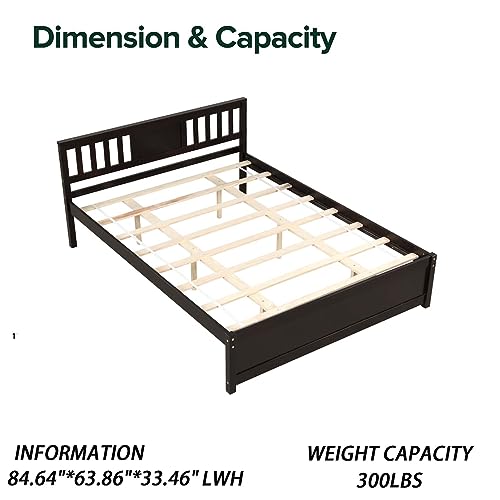 Queen Size Wooden Platform Bed Frame with Headboard, Platform Bed Frame with Sturdy Wood Slats Support, No Box Spring Needed, Easy Assemble for Bedroom Small Living Space Boys Girls (Espresso)