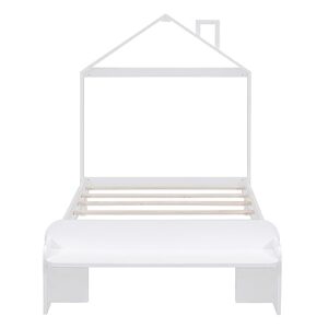 Twin Bed Frames with Headboard and Footboard Bench, Twin Bed Frame with House Shaped Headboard and Chimney, Twin Bed Frames for Kids, Girls Boys, No Box Spring Needed(White)