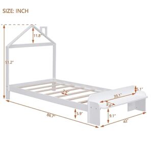 Twin Bed Frames with Headboard and Footboard Bench, Twin Bed Frame with House Shaped Headboard and Chimney, Twin Bed Frames for Kids, Girls Boys, No Box Spring Needed(White)