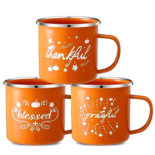 Uiifan 3 Pcs Fall Autumn Coffee Mugs 16 oz Enamel Pumpkin Mugs Cups Campfire Style Fall Mugs Grateful Thankful Tea Latte Mug for Thanksgiving Halloween Holiday Daily Supplies