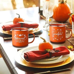 Uiifan 3 Pcs Fall Autumn Coffee Mugs 16 oz Enamel Pumpkin Mugs Cups Campfire Style Fall Mugs Grateful Thankful Tea Latte Mug for Thanksgiving Halloween Holiday Daily Supplies