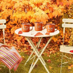 Uiifan 3 Pcs Fall Autumn Coffee Mugs 16 oz Enamel Pumpkin Mugs Cups Campfire Style Fall Mugs Grateful Thankful Tea Latte Mug for Thanksgiving Halloween Holiday Daily Supplies